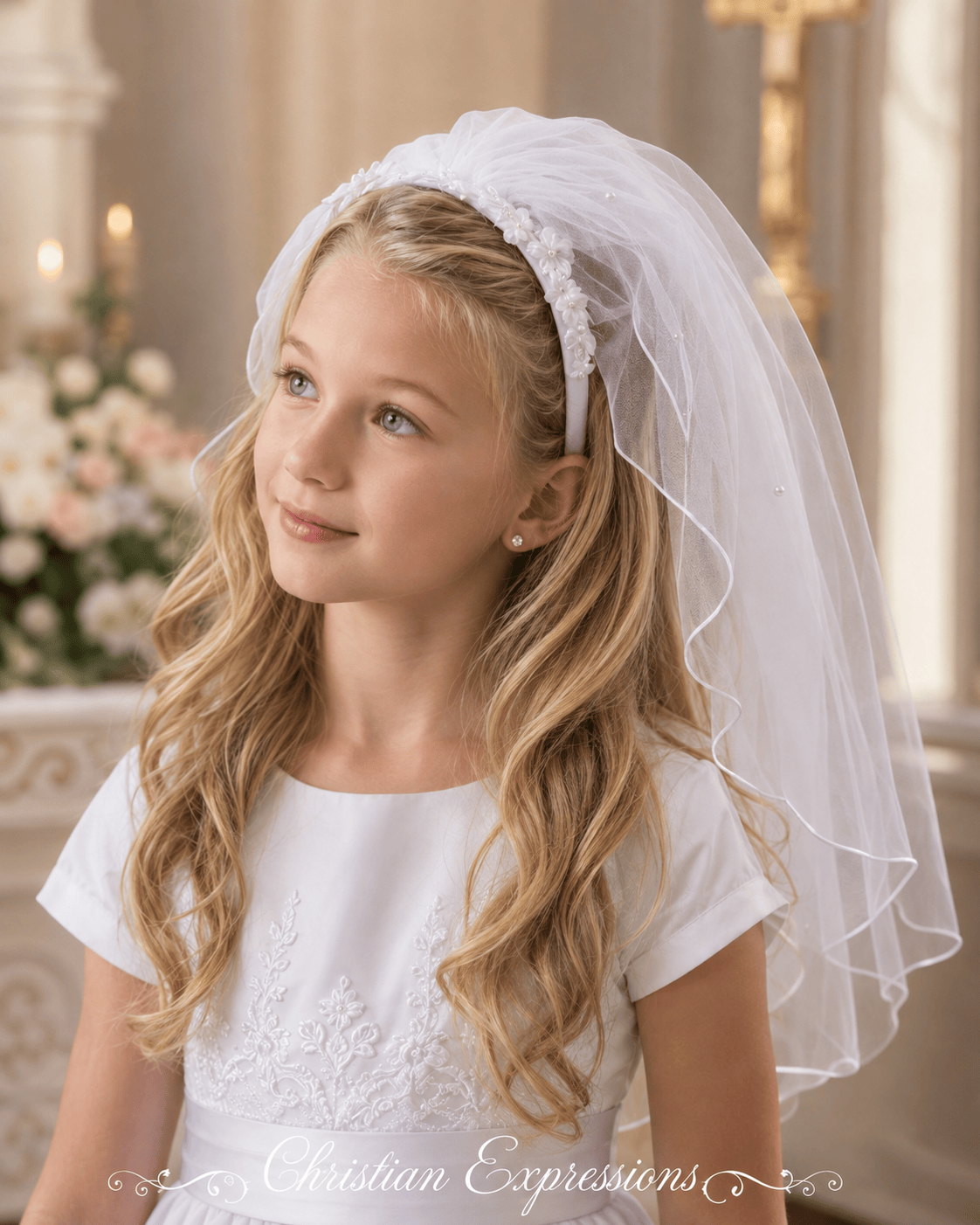 Satin First Communion Headband Veil with Pearls and Flowers
