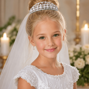 Silver First Communion Crown Tiara with Pearls and Crystals