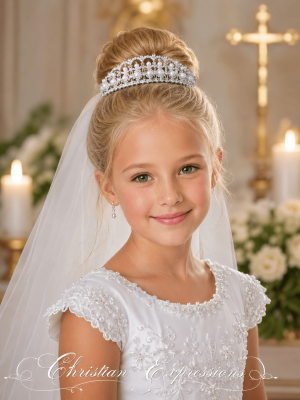 Silver First Communion Crown Tiara with Pearls and Crystals
