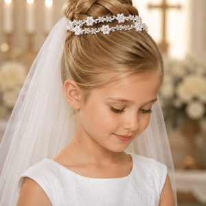 First Communion Double Tiara with Pearl Flowers and Rhinestones