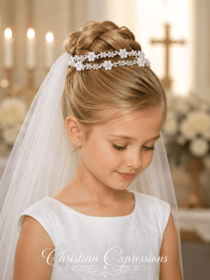 First Communion Double Tiara with Pearl Flowers and Rhinestones