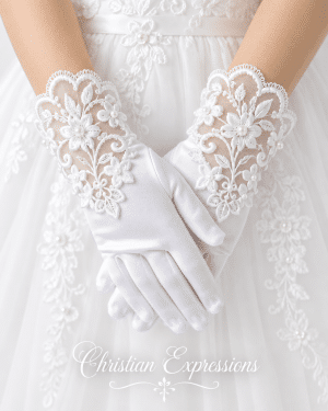Satin First Communion Gloves with Lace Applique