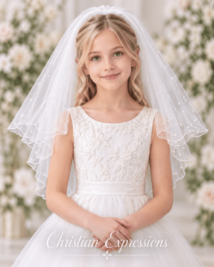 First Communion Long White Double Layer Veil with Scattered Pearls & Ruffled Edge