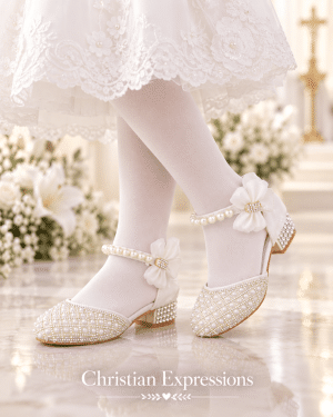 Girls White First Communion Shoes with Diamond and Pearl Embellishment
