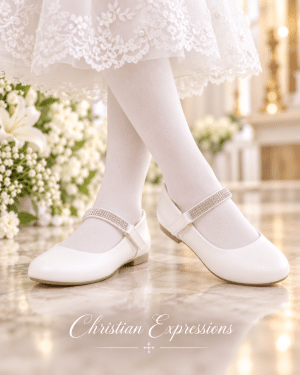 Girls White First Communion Shoes Flats with Rhinestone Strap