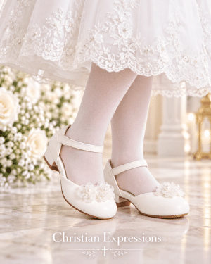 Girls White First Communion Shoes with Organza Flowers and Pearls