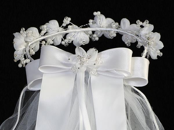 First Communion Veil with Organza Flowers, Pearls and Rhinestones - Image 4
