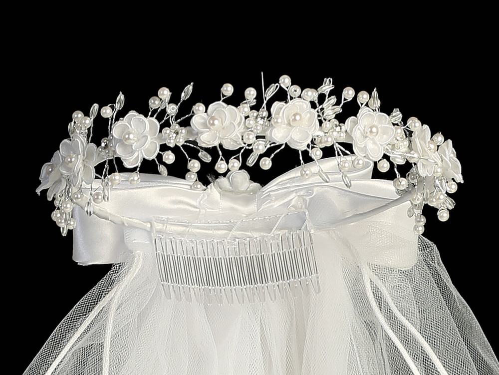 First Communion Wreath Veil with Corded Flowers - Image 2