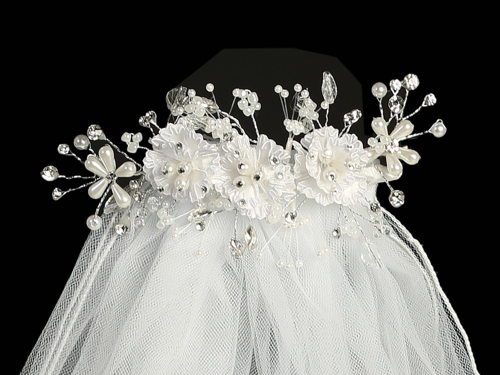 First Communion Comb Veil Satin Flowers and Pearls - Image 2