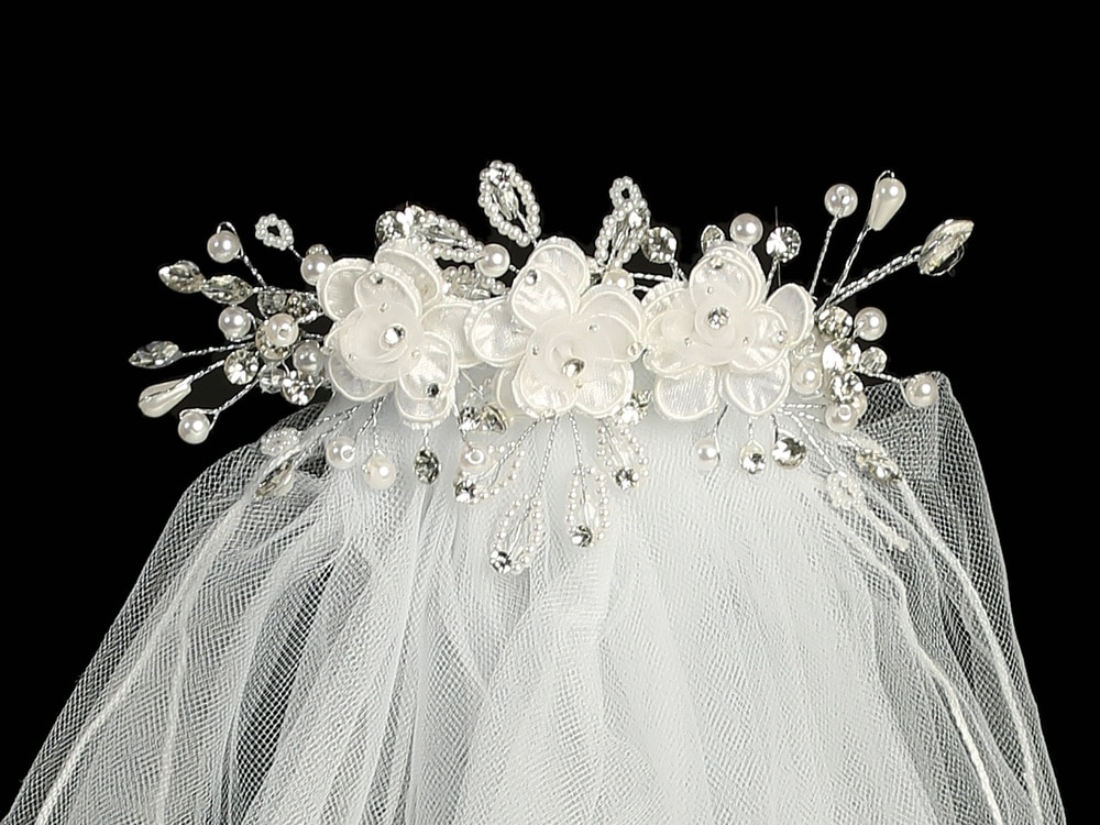 First Communion Veil on Comb Organza & Corded flowers - Image 2