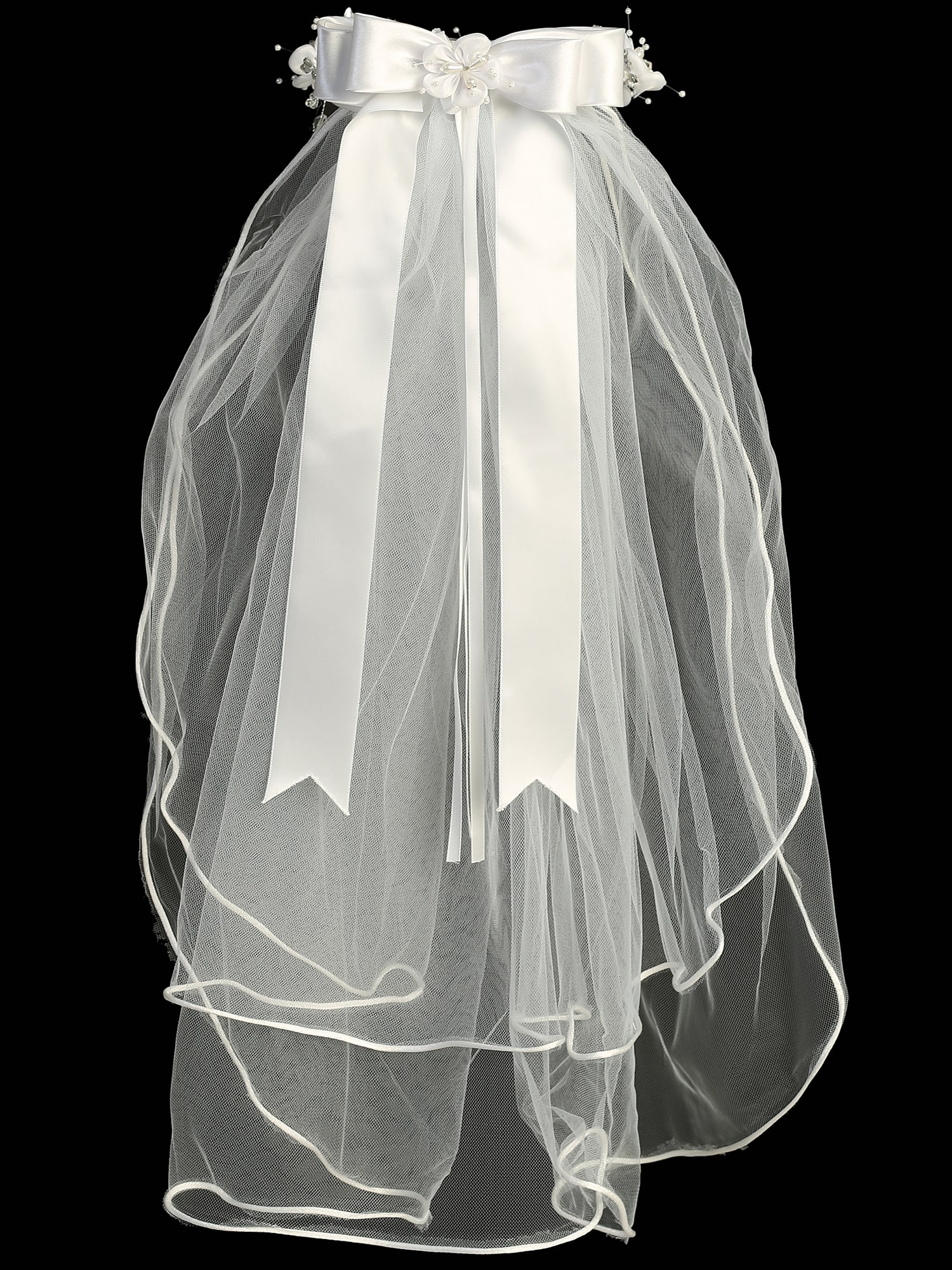 First Communion Wreath Veil with Satin Flowers and Beads - Image 3
