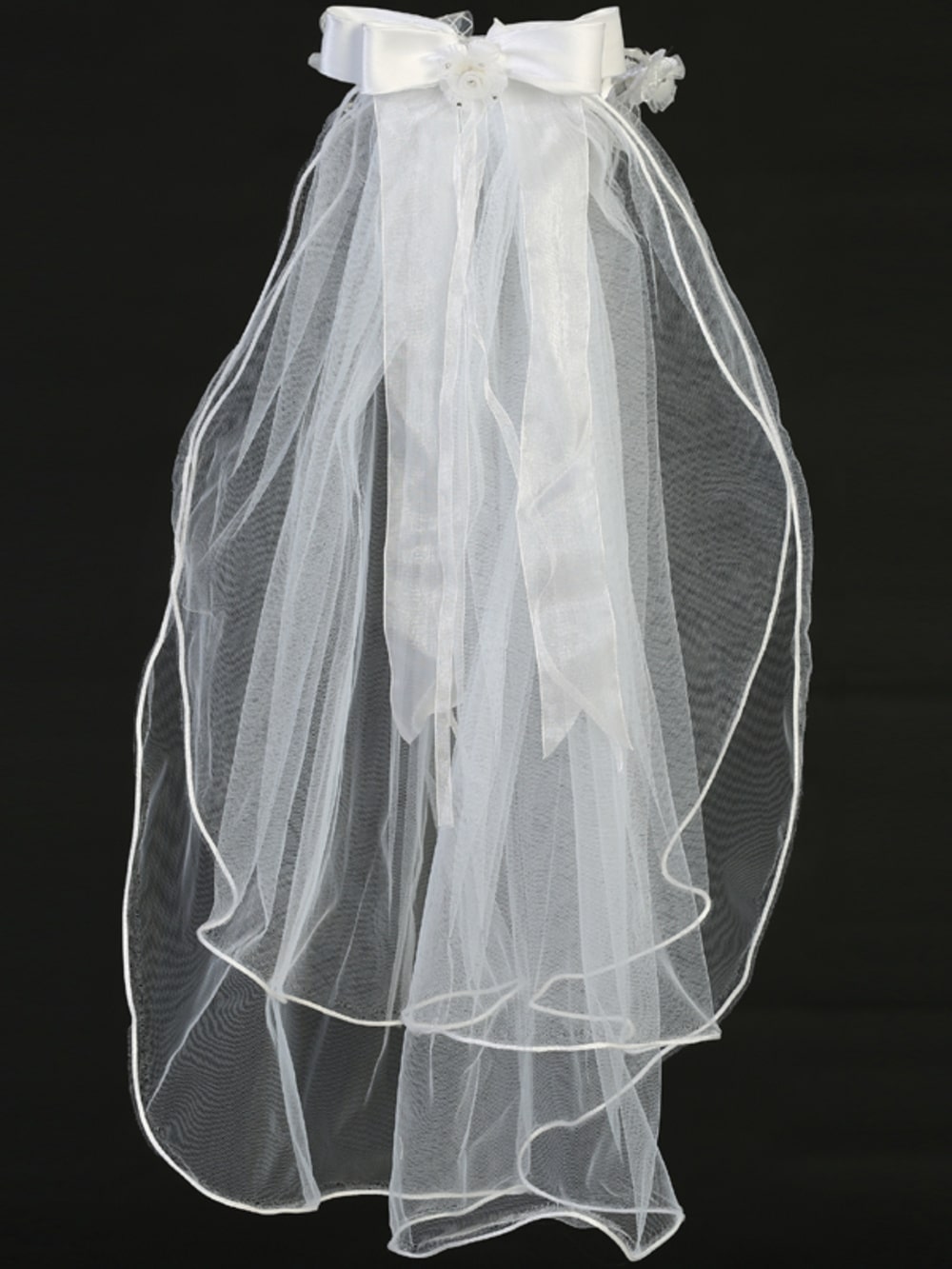 First Communion Wreath Veil with Organza Flowers and Lace Ribbon - Image 2