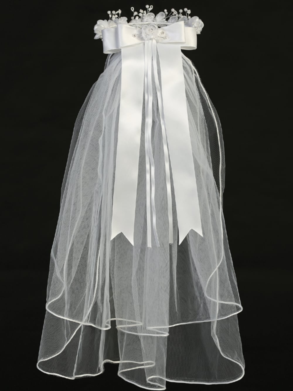 First Communion Wreath Veil with Organza Flowers Rhinestones - Image 3