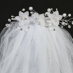 First Communion Comb Veil Organza Flowers Pearls Crystals