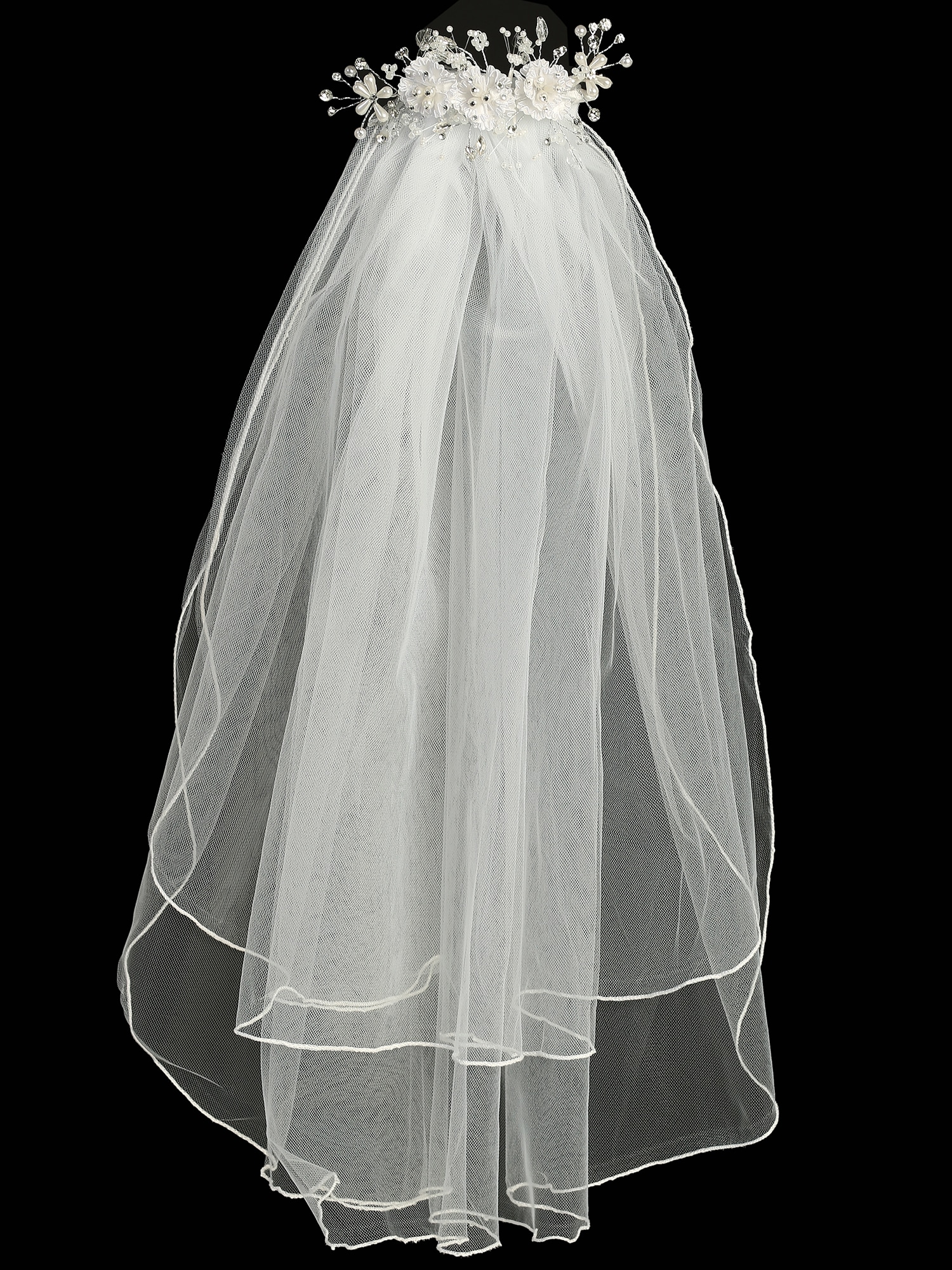 First Communion Comb Veil Satin Flowers and Pearls - Image 3