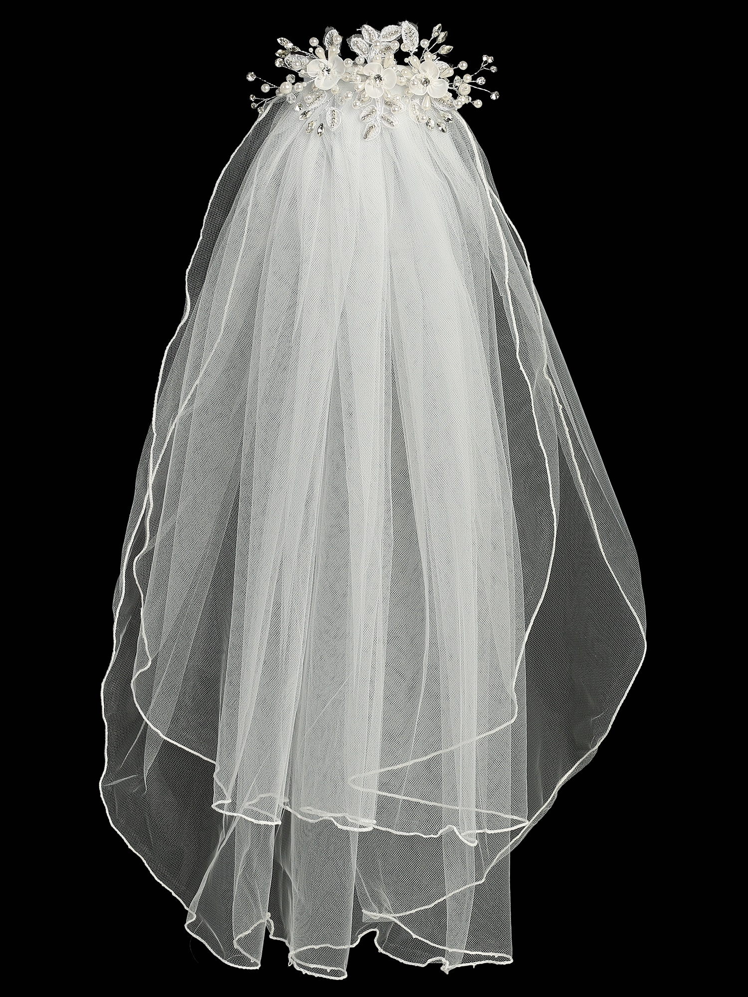 First Communion veil on Comb Organza Leaves flowers with pearls - Image 3