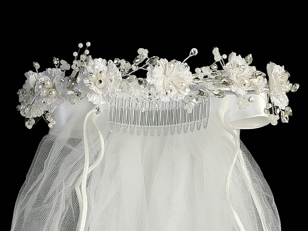 First Communion Wreath Veil with Corded Flowers and Pearls - Image 2