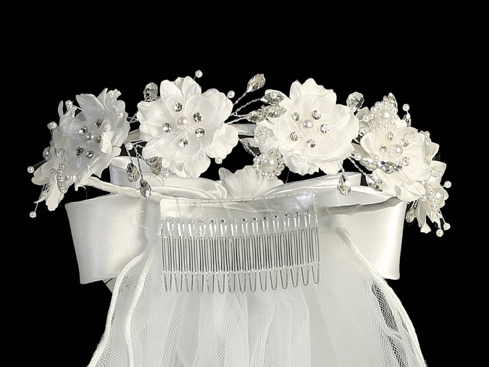 First Communion Wreath Veil with Corded Flowers Pearls - Image 2