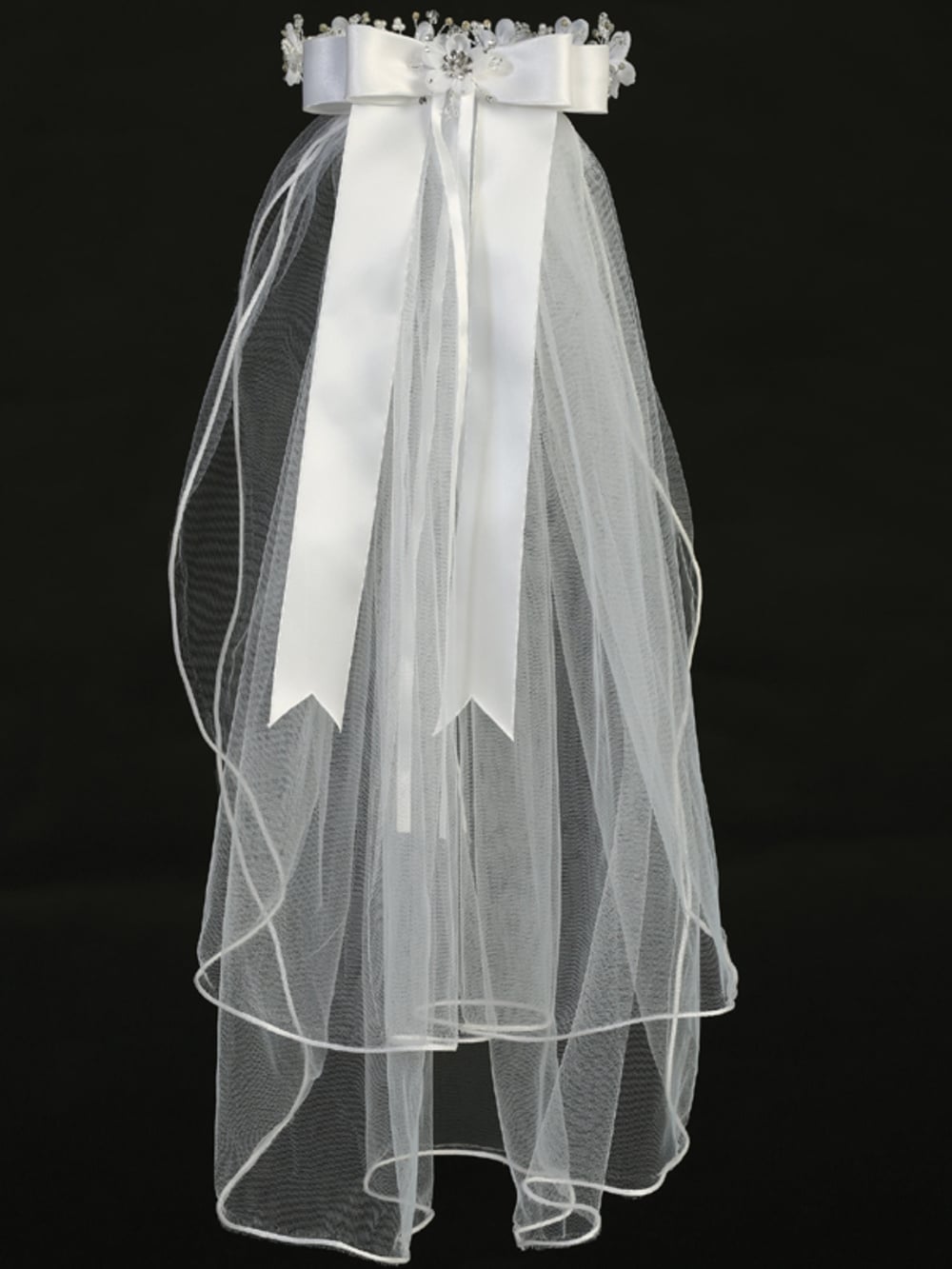 First Communion Wreath Veil with Organza Flowers Pearls - Image 4