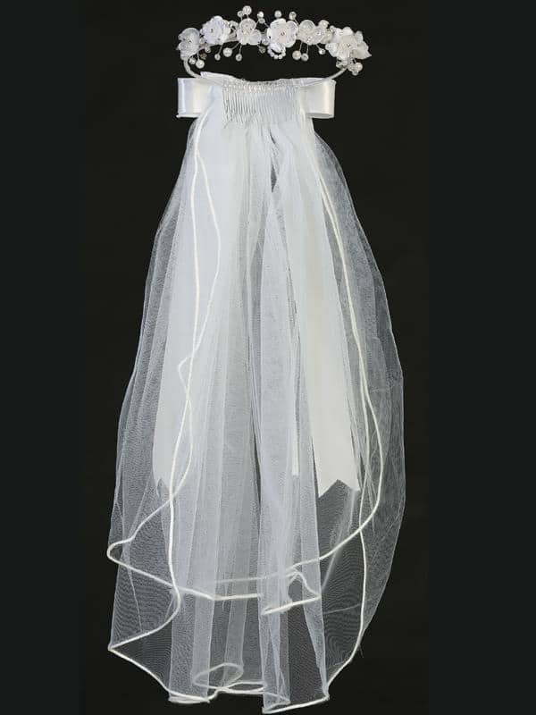First Communion Wreath Veil with Satin and Organza Flowers - Image 3