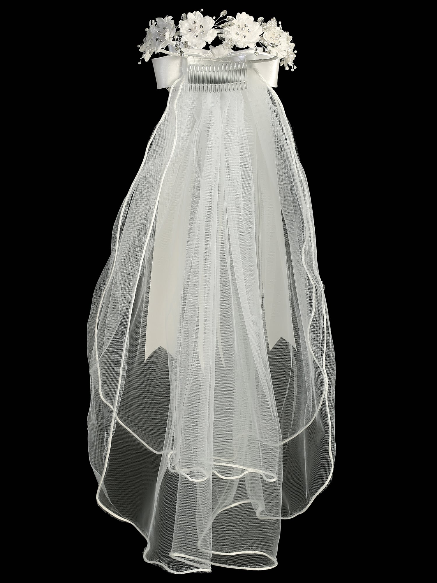 First Communion Wreath Veil with Corded Flowers Pearls - Image 4