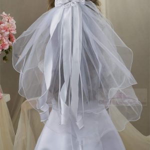 First Communion Clip Veil with Satin Flowers and Streamers