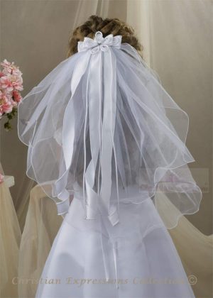 First Communion Clip Veil with Satin Flowers and Streamers
