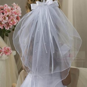 First Communion Clip Veil with Organza & Satin Bow and Rosette