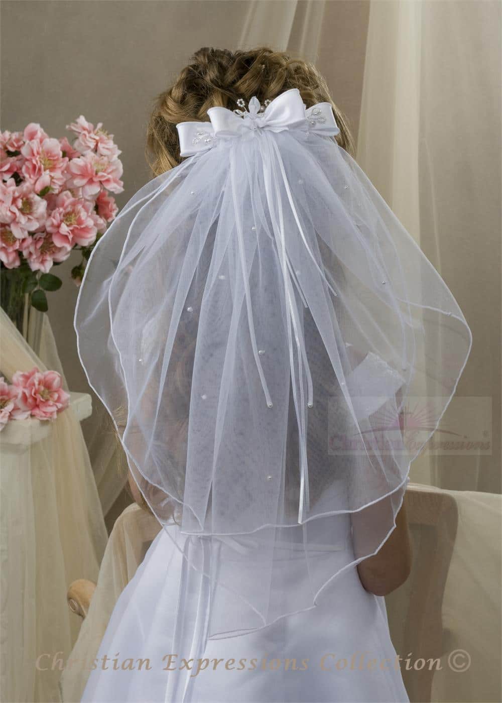 First Communion Clip Veil with Organza & Satin Bow and Rosette