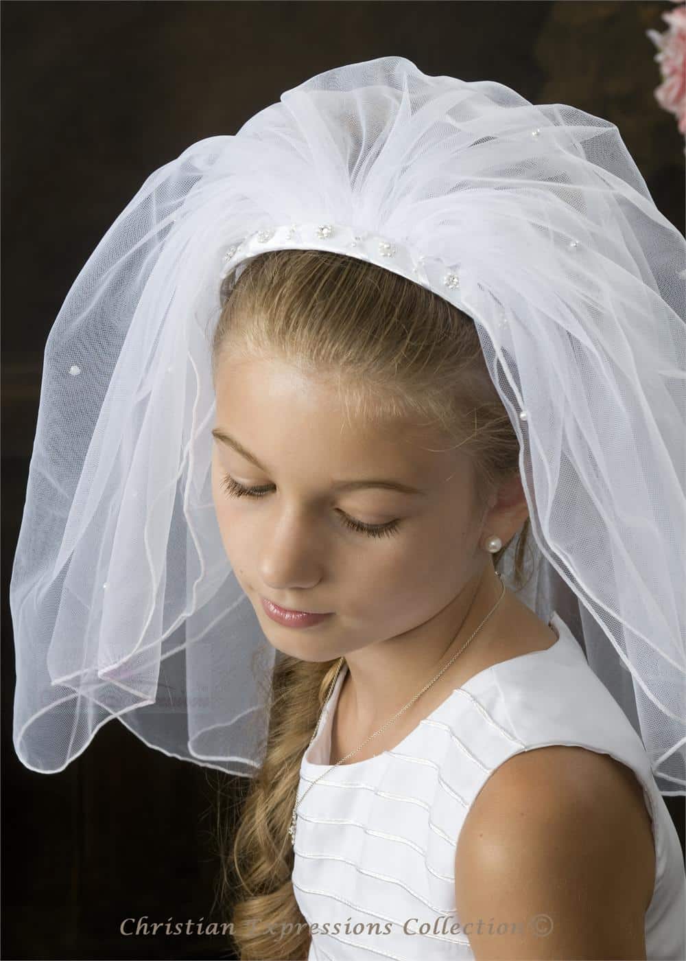 First Communion Headband Veil Braided Satin and Pearls - Image 3