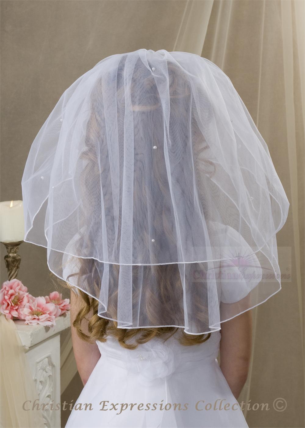 First Communion Headband Veil Braided Satin and Pearls - Image 2