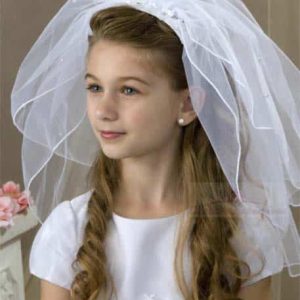 First Communion Headband Veil with Lace Flowers and Rhinestones