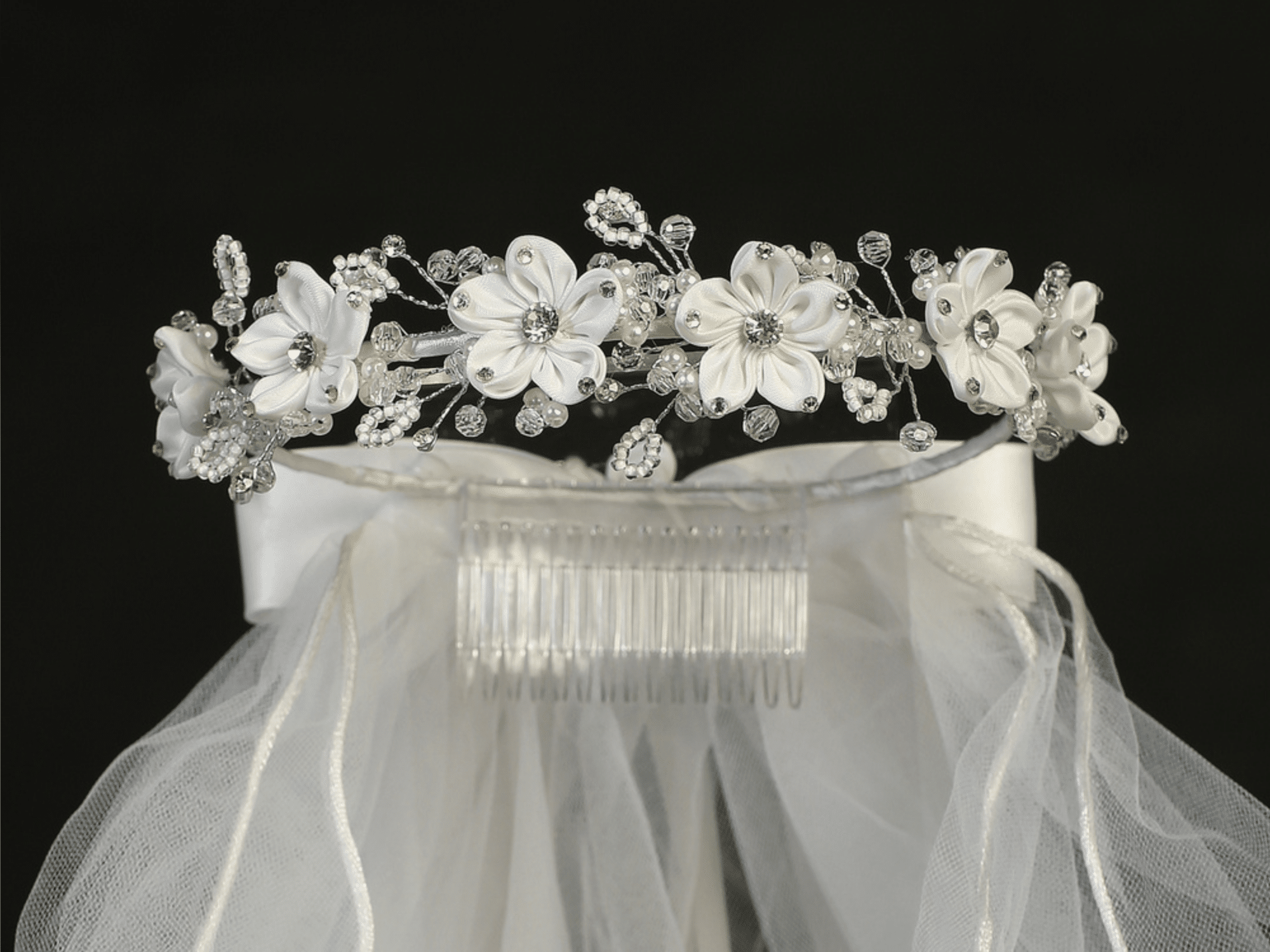 First Communion Wreath Veil with Satin Flowers and Rhinestones - Image 2