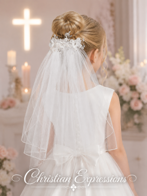 First Communion Comb Veil Organza Flowers and Rhinestones