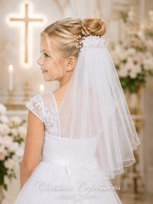 First Communion Comb Veil Organza Flowers Pearls Crystals