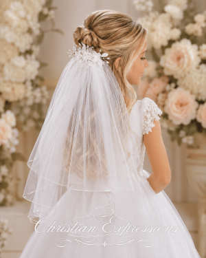 First Communion Comb Veil Organza Flowers and Rhinestones