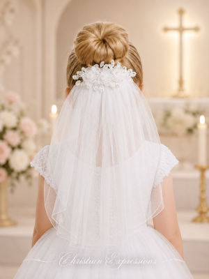 First Communion Comb Veil Flowers Pearls Rhinestones Crystals