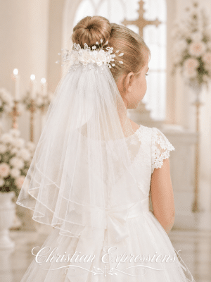 First Communion Veil on Comb Organza & Corded flowers
