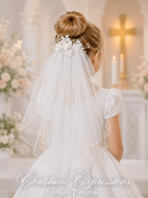 First Communion veil on Comb Organza Leaves flowers with pearls