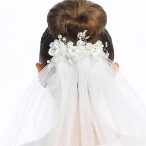 First Communion Comb Veil Organza Flowers and Rhinestones