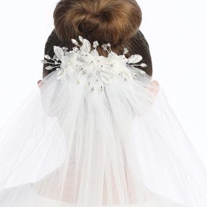 First Communion Comb Veil Organza Flowers Pearls Crystals