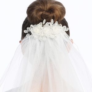 First Communion Comb Veil  Flowers Pearls Crystals