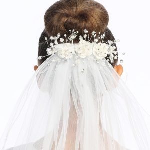 First Communion Comb Veil Satin Flowers and Pearls