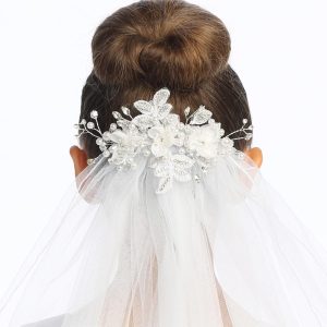 First Communion veil on Comb Organza Leaves flowers with pearls