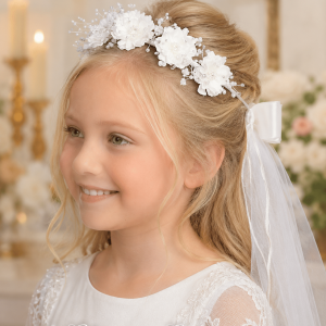 First Communion Veil on Comb with Silk Flowers and Rhinestones
