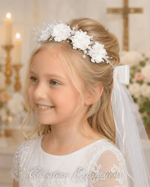 First Communion Veil on Comb with Silk Flowers and Rhinestones