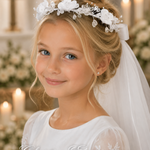 First Communion Veil on Comb with Satin Flowers