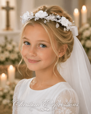 First Communion Veil on Comb with Satin Flowers