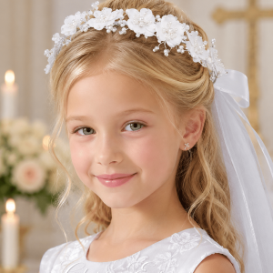 First Communion Veil on Comb with Satin Flowers Beads and Bow
