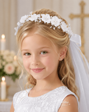 First Communion Veil on Comb with Satin Flowers Beads and Bow